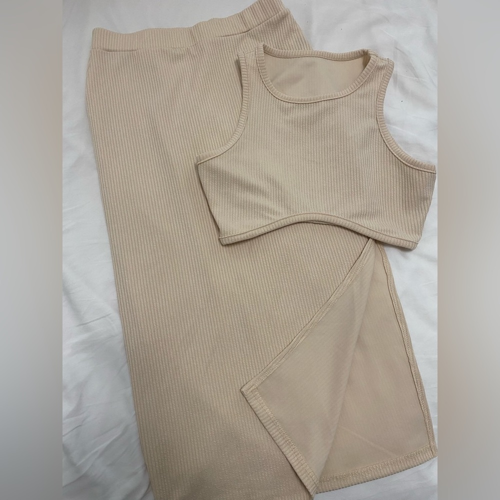 Two Piece Set! Cream Ribbed Crop Top and Midi High Waisted Skirt